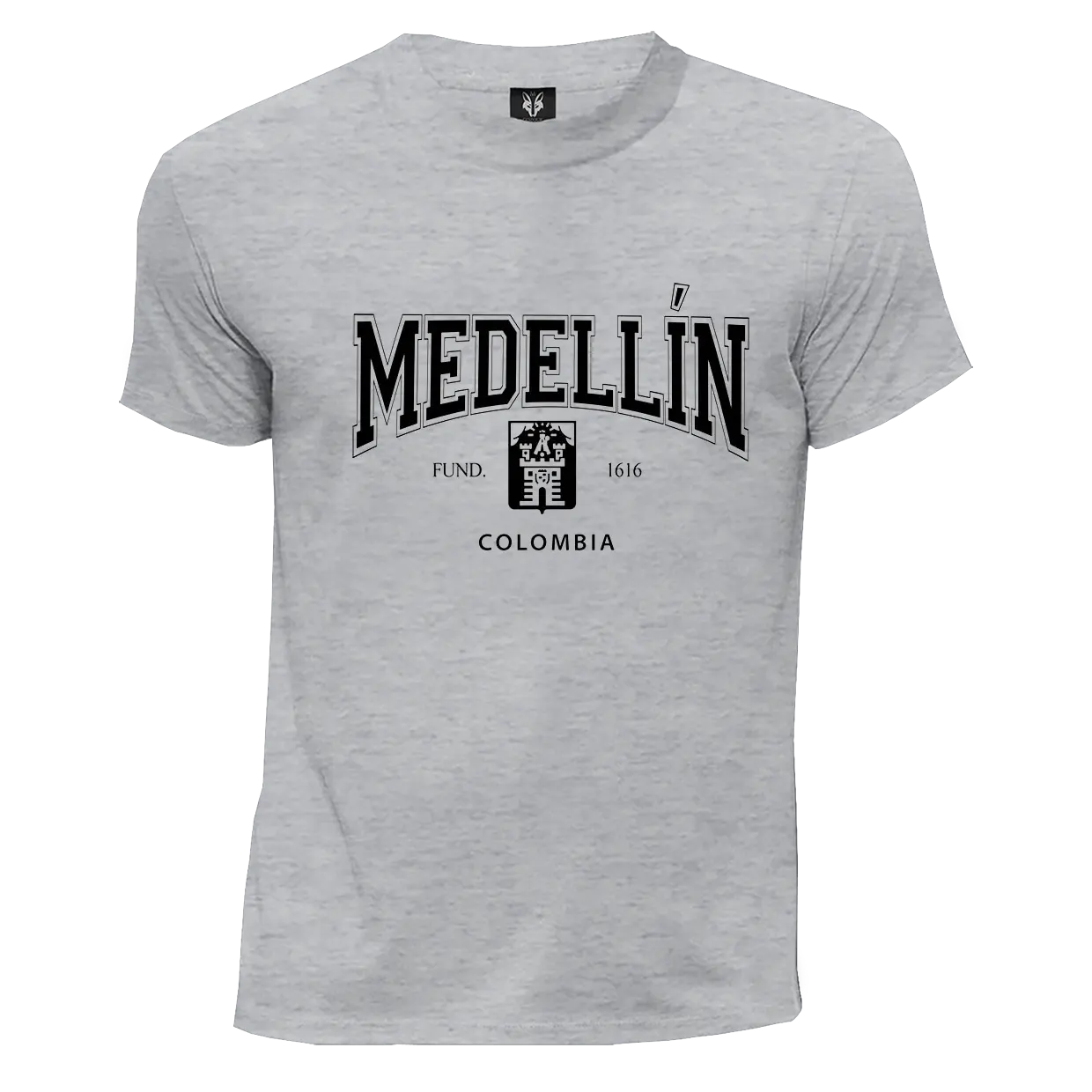 Camiseta gris jaspe claro estampada con el escudo de la ciudad de Medellín.